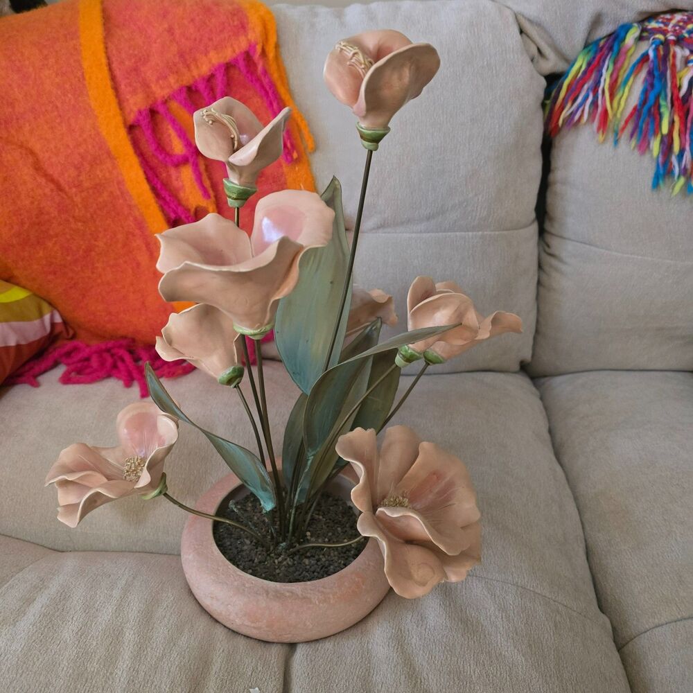 Vintage Ceramic Flower Decor with Brass Leaves - Picture 3 of 5